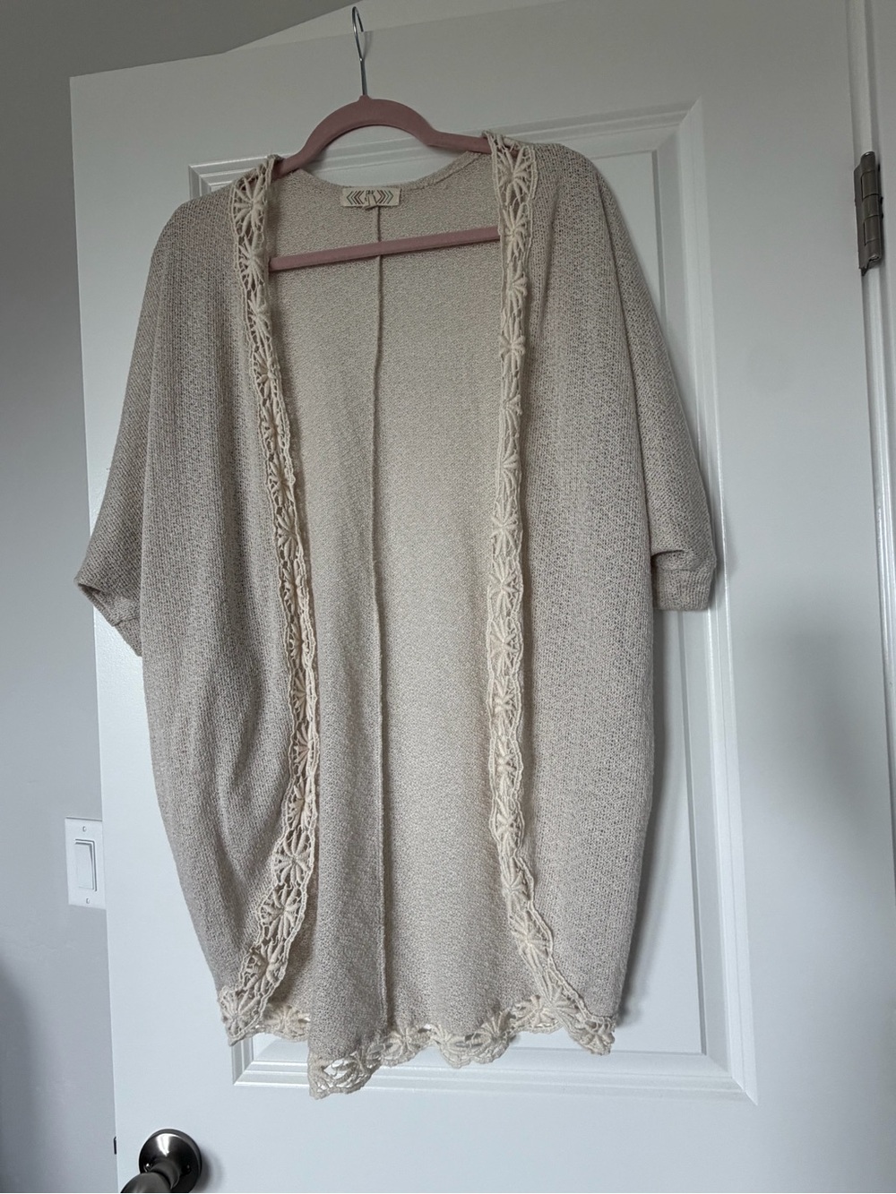 Pink Rose Cream Open-Front Crochet-Trim Sweater Shrug